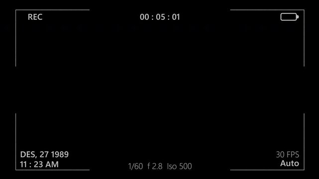 Clean Camcorder Overlay with Low Battery Indicator and Camera Settings, Minimal Recording Interface with Timecode 4K