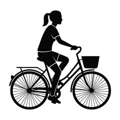 Obraz premium Woman riding bicycle with basket on white background