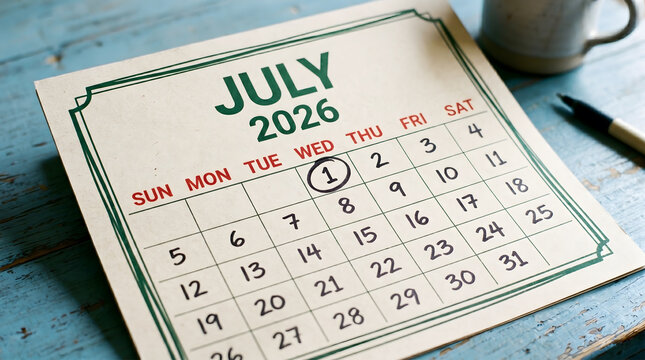 July, 2026, calendar, page, with, first, day, circled, on, rustic, blue, wooden, table, with, coffee, cup, and, pen, for, planning, summer, schedule, and, appointments