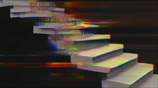 デジタルノイズに侵食される立体階段のグリッチ抽象背景