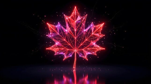 Neon, red, maple, leaf, Canada, symbol, futuristic, tech, digital, glowing, network, wireframe, abstract, connectivity, innovation, background, wallpaper, patriotic, light, effect, creative, design, m