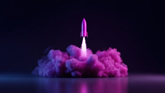 Futuristic pink rocket launching through vibrant purple smoke, symbolizing powerful new beginnings and success.