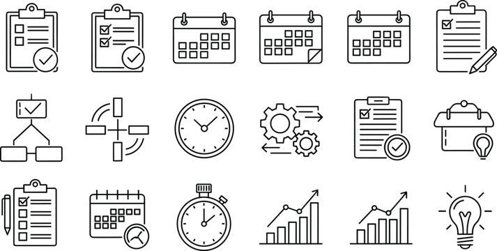 Task management and productivity icon set featuring checklist, calendar, scheduling, time tracking, workflow, and business planning symbols