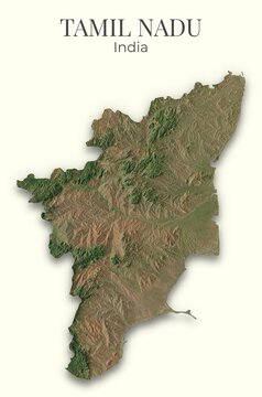Tamil Nadu Shaded Relief Map. India. Hillshaded physical map. Terrain illustration of Tamil Nadu. Elements of this image derrived from NASA imagery and SRTM dataset.