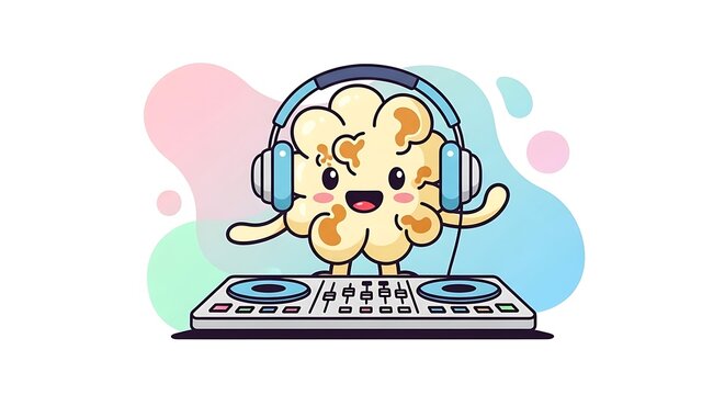 Animated cartoon image features a popcorn kernel DJ with headphones, cute face, arms, and a mixer. Colorful pastel background
