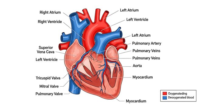 Detailed human heart anatomy diagram labeled.