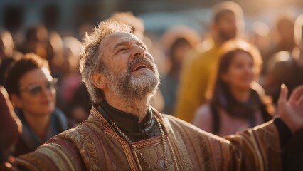 Obraz premium joyful priest worshipping outdoors in golden sunlight