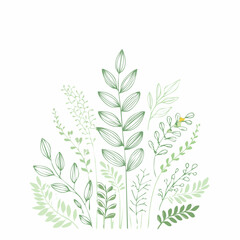 Obraz premium Arrangement of hand-drawn green leaves and plants with botanical illustration