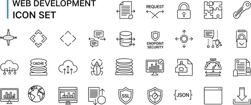 Web development programming and backend infrastructure line icon set with API request database security SSL cloud server vector collection