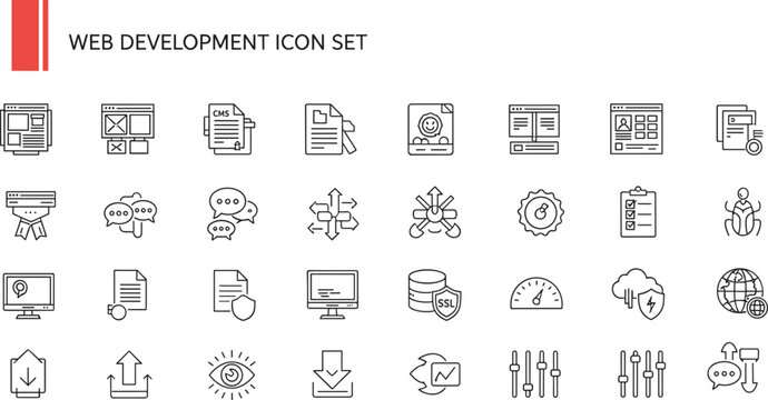 Web development programming and frontend backend technology line icon set with CMS dashboard database security SSL analytics vector collection
