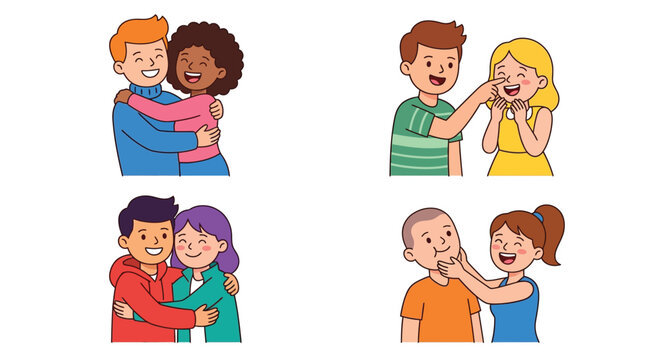 Four illustrations showing diverse couples and friends expressing affection and happiness through hugs and playful cheek pinches.