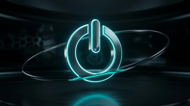 Futuristic Glowing 3D Power Button Rotating in High Tech Environment