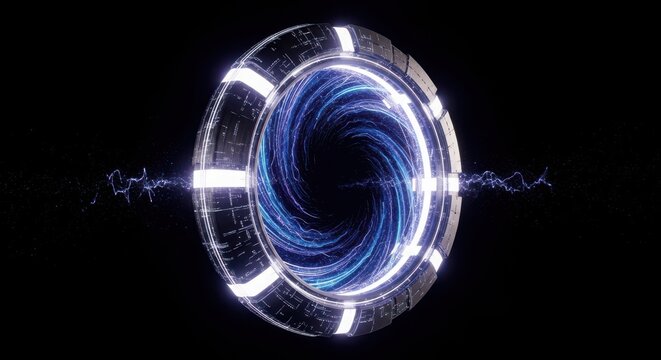 Futuristic swirling blue energy vortex portal with light particles on black