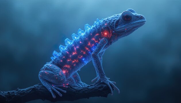 Futuristic lizard with bioluminescent blue and red glowing internal structures rests on a branch.