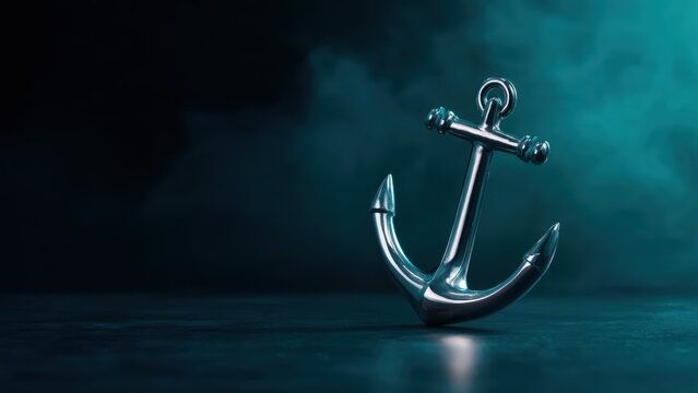 Shiny nautical anchor illuminated by a mysterious teal glow, representing safety and steadfastness