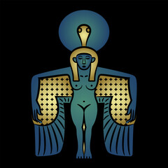 Fototapeta premium Winged ancient Egyptian goddess. Blue and gold design on black background.