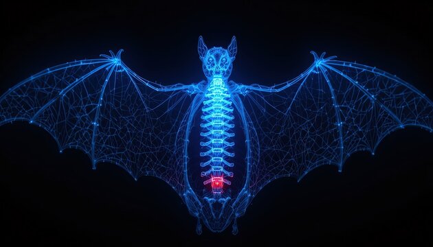 Glowing blue digital wireframe of a bat skeleton is displayed against a dark background.