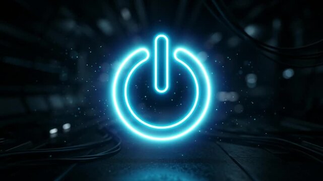 Glowing Blue Neon Power Button Icon in Dark Tech Environment