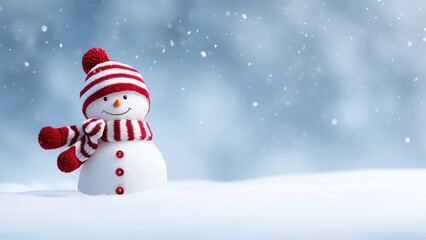 Fototapeta premium Adorable snowman wearing festive red and white winter attire amidst falling snowflakes