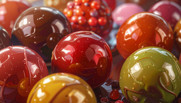 Close up of colorful chocolate candies and jelly beans on a bright festive background