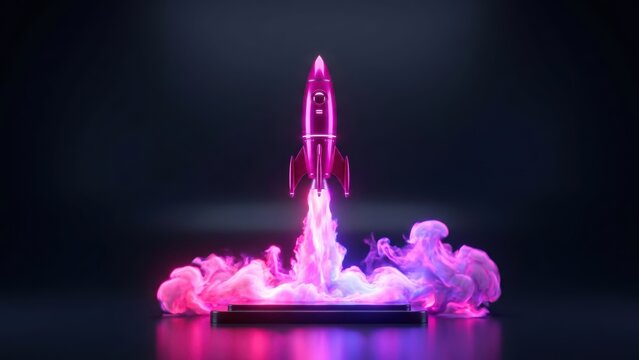 Digital Innovation Rocket Launching from a Sleek Mobile Platform with Vibrant Neon Smoke