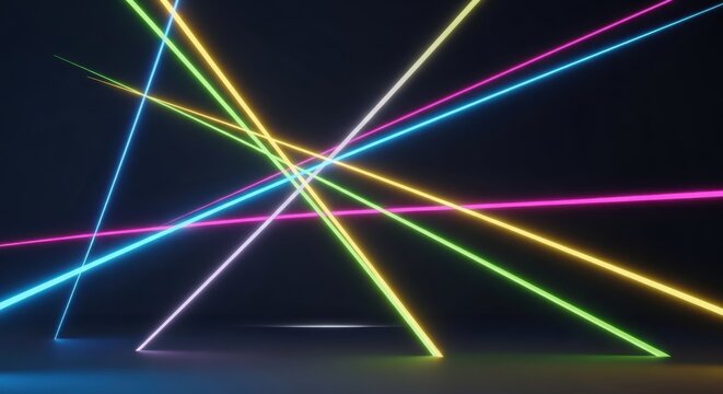 Abstract neon light beams intersecting in darkness with energy flow, light show