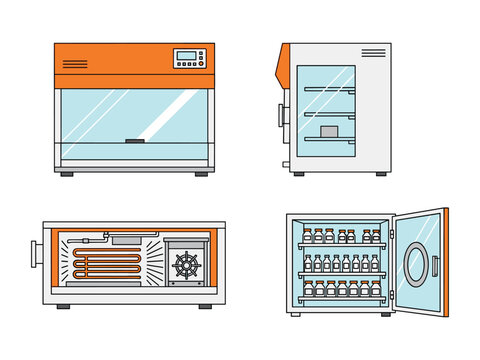 Laboratory equipment illustration set, incubator oven sterilizer machines, scientific research tools, medical technology, controlled environment devices, lab storage, modern design