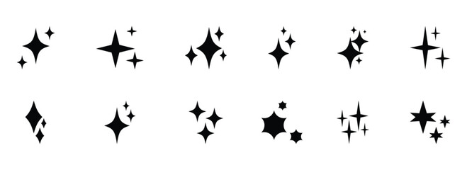 Fototapeta premium Shine sparkle icon. Vector blink star for logo, sparkle clipart. Horizontal various style sparkle shapes and shining star icons on white background. Eps10