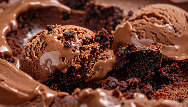 Chocolate dessert assortment with chocolate ice cream, chocolate cake with coffee beans, cookies, muffin and coffee in a sweet brown gourmet closeup