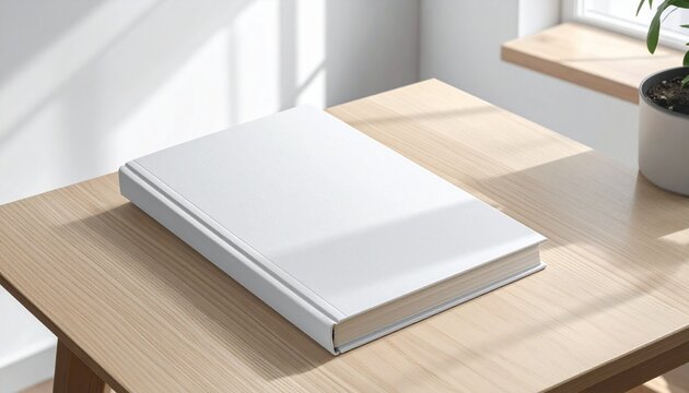 Clean and Modern White Blank Book Mockup on a Light Wooden Table by a Sunny Window, Ideal for Branding, Design, or Education Projects