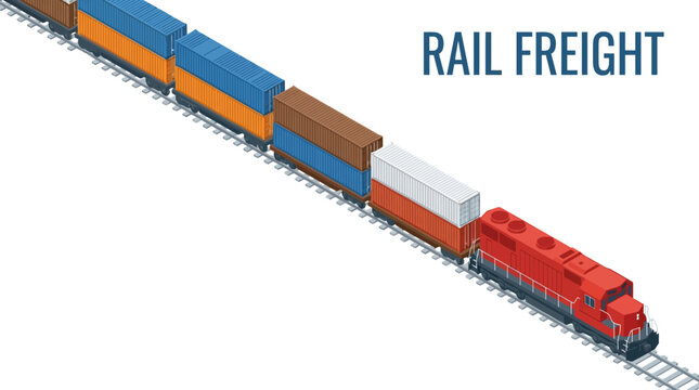 Rail freight train with colorful shipping containers on tracks