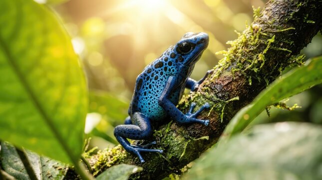 Vibrant blue poison dart frog on a mossy branch in lush rainforest.