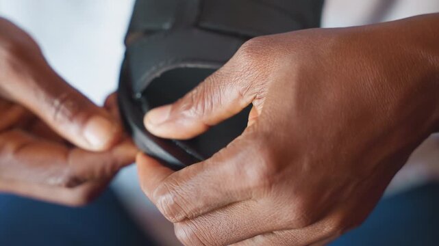 Closeup hands finishing leather sandal sole, smoothing edge and checking adhesive bond, fingertip inspection, precise trimming and polishing in small studio, emphasis on fit and durability