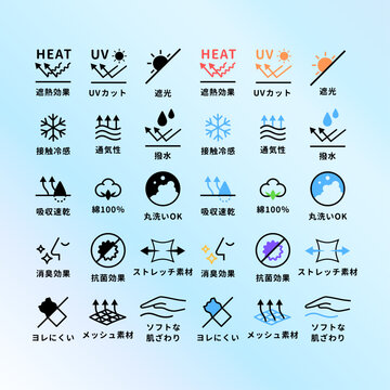 機能性アイコンセット、UVカットや遮熱などアパレル向け日本語と英語 | Functional icon set for apparel, UV protection and heat shielding