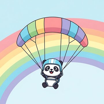 Adorable illustration features a cartoon panda in a skydiving helmet and harness suspended from a rainbow-colored parachute with a rainbow in the background