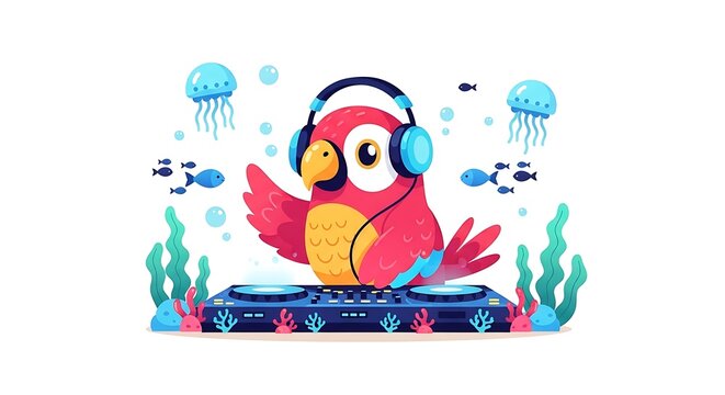 A vibrant cartoon parrot, sporting headphones, mixing music on a DJ console underwater with aquatic life