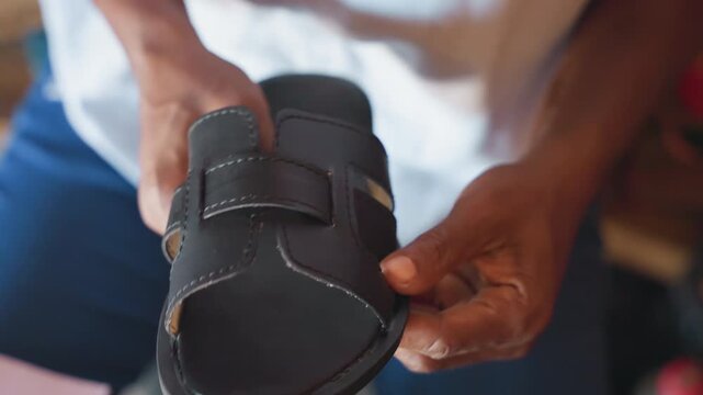 Artisan checks footwear. Skilled craftsman inspects each shoe meticulously for quality. An experienced artisan thoroughly evaluates completed footwear to ensure top quality and comfort levels