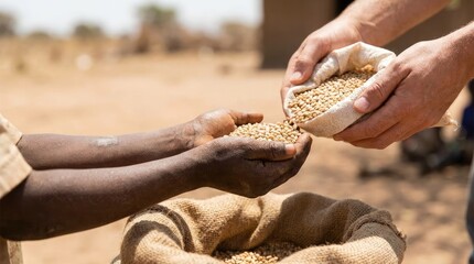 Humanitarian aid: a hand offering grain to another