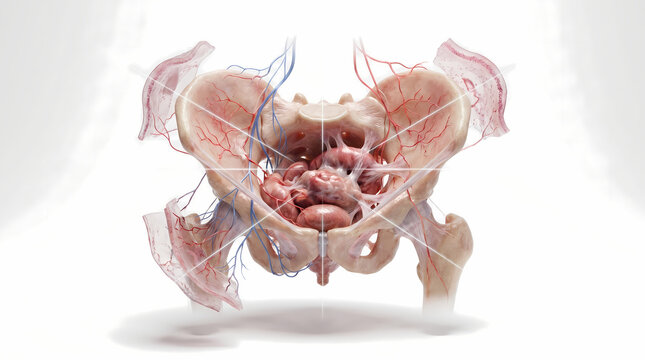 Anatomical View Of The Human Pelvis With Reproductive Organs And Vasculature
