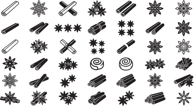 Collection of cinnamon stick and star anise spice icons in various styles.