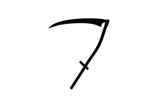 A stark black silhouette of a grim reaper s scythe against a white background