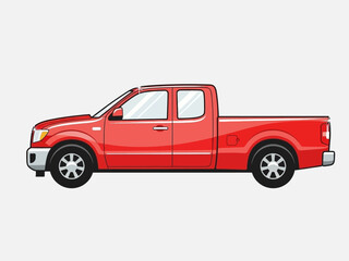 Red Double Cab Pickup Truck Side View Illustration. © Jepry