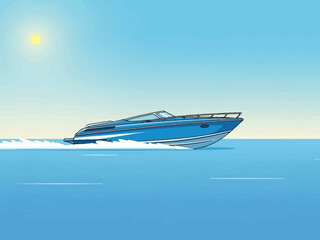 Naklejka premium Sleek Blue Motor Yacht Speeding Across Calm Ocean Waters.
