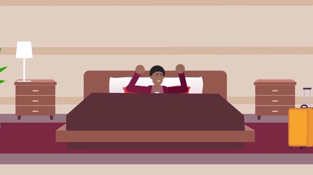 2D Animation of a Man Waking Up and Stretching in Bed, Morning Routine and Wellness Concept
