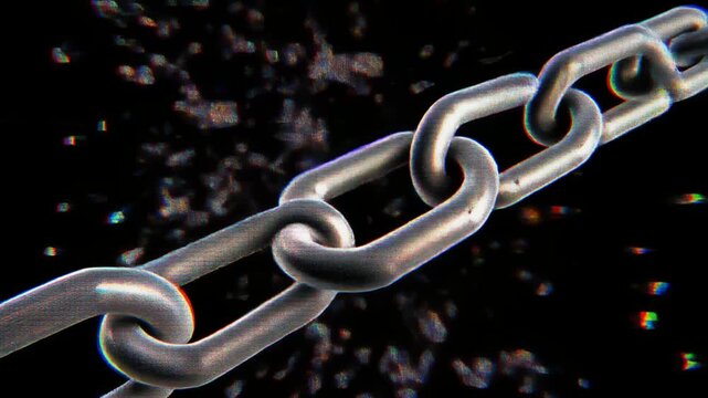 デジタルノイズに侵食され切断される立体鎖のグリッチ抽象表現