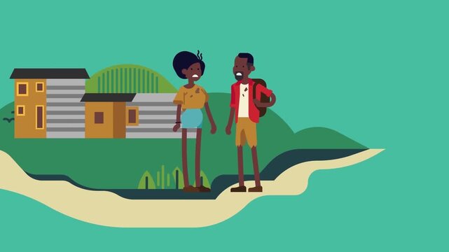 2D Animated Scene of Two People with Backpacks Standing in a Rural Village, Travel and Exploration Concept