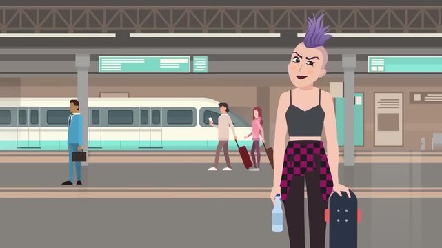 2D Animation of Punks with Skateboards at a Train Station, Youth Culture and Urban Lifestyle Concept