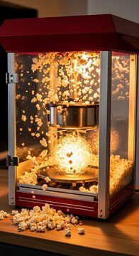Popcorn maker with freshly popped kernels.