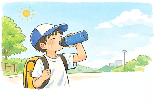 夏の屋外で水筒の水を飲む男の子のイラスト