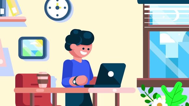 2D Animation of a Student Working on a Laptop at a Desk, E-learning and Remote Study Concept